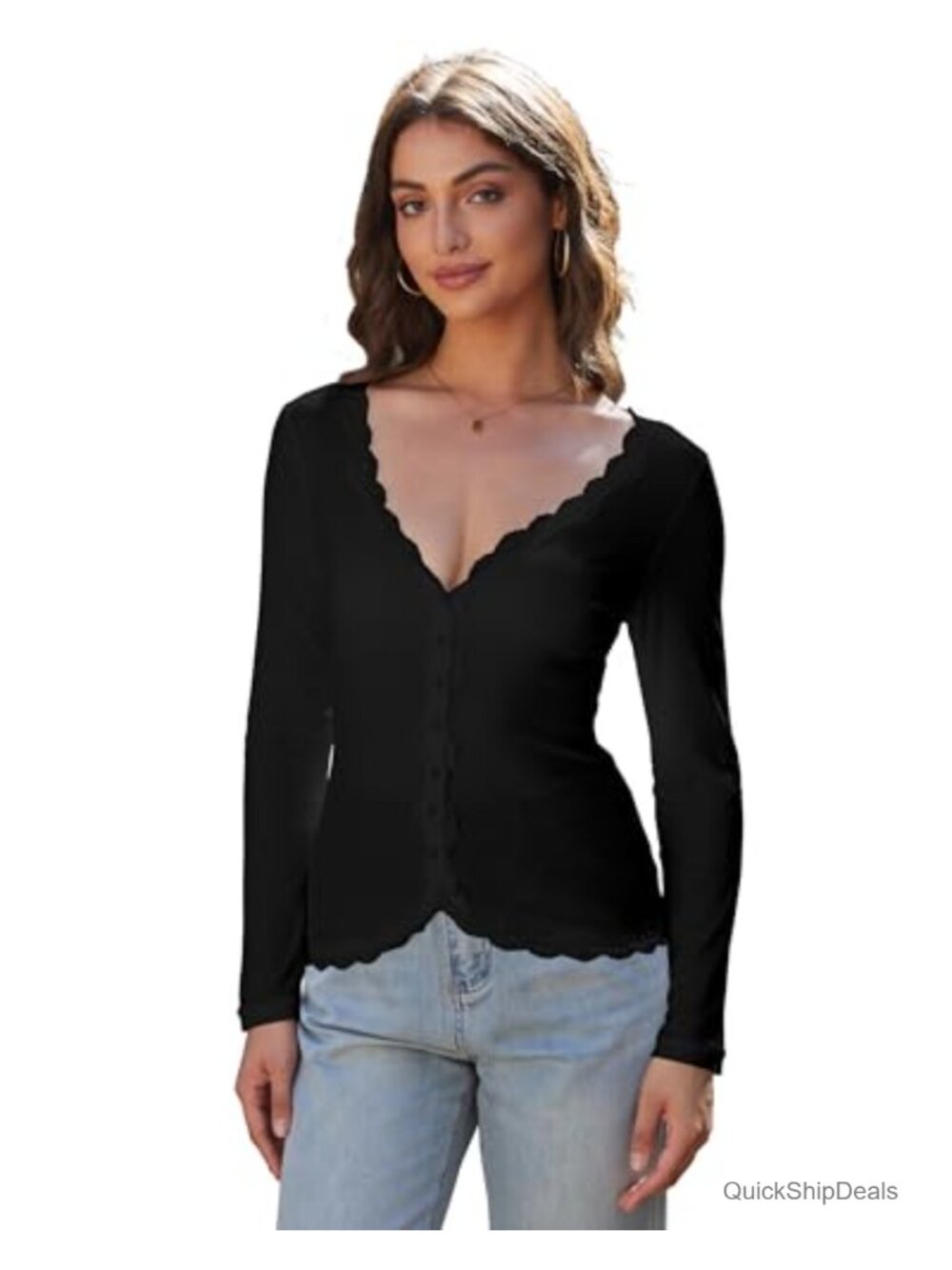 Women Cropped Lightweight Ribbed V Neck Button Down Cardigan Lace Trim